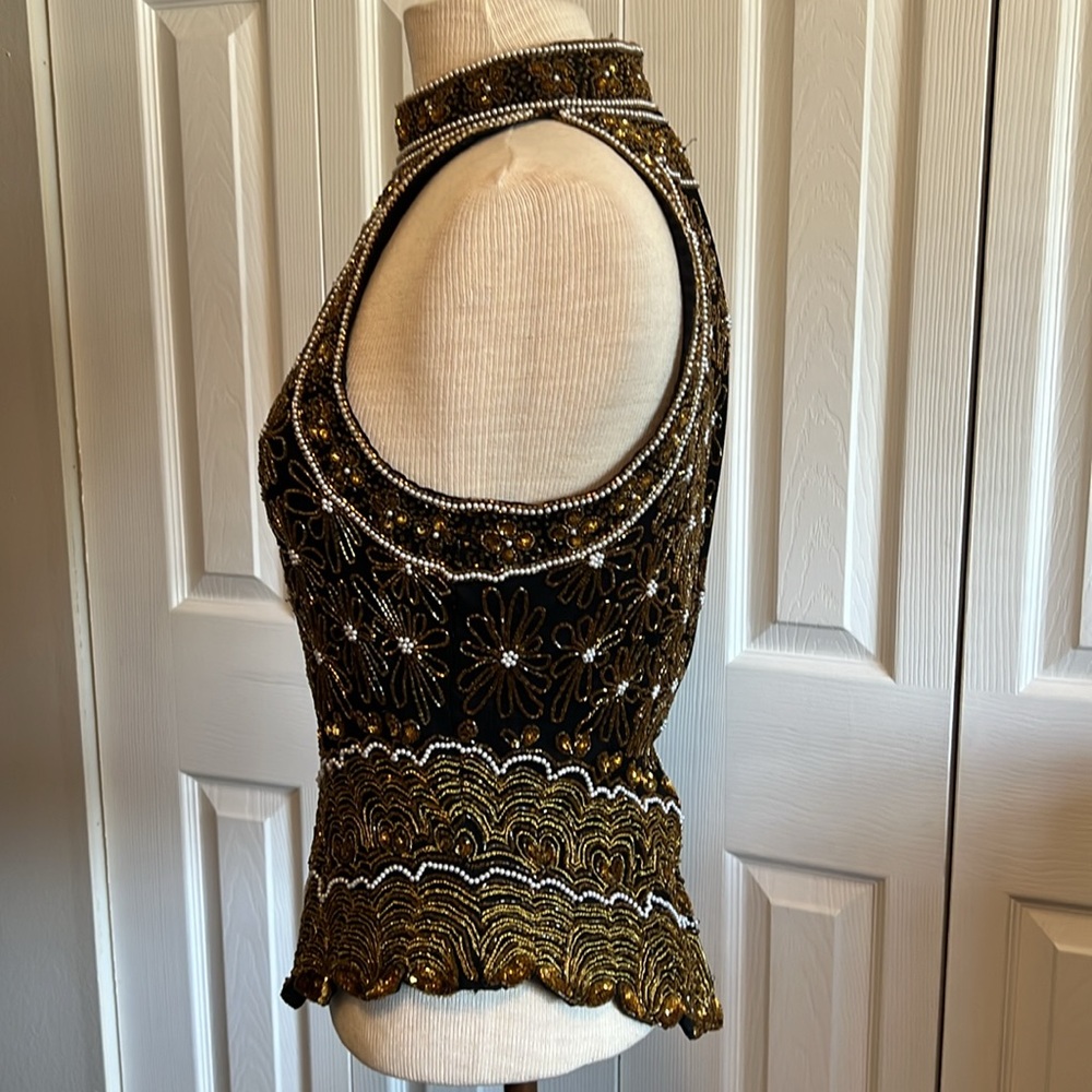 Papell Boutique Silk Embellished Black Sleeveless Halter Neck Top Size Large - Picture 7 of 16